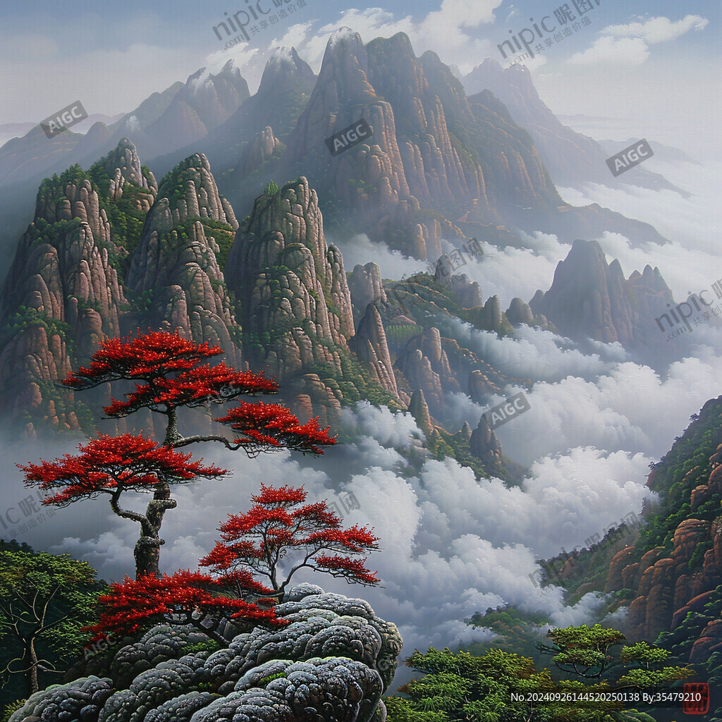 迎客松油畫
