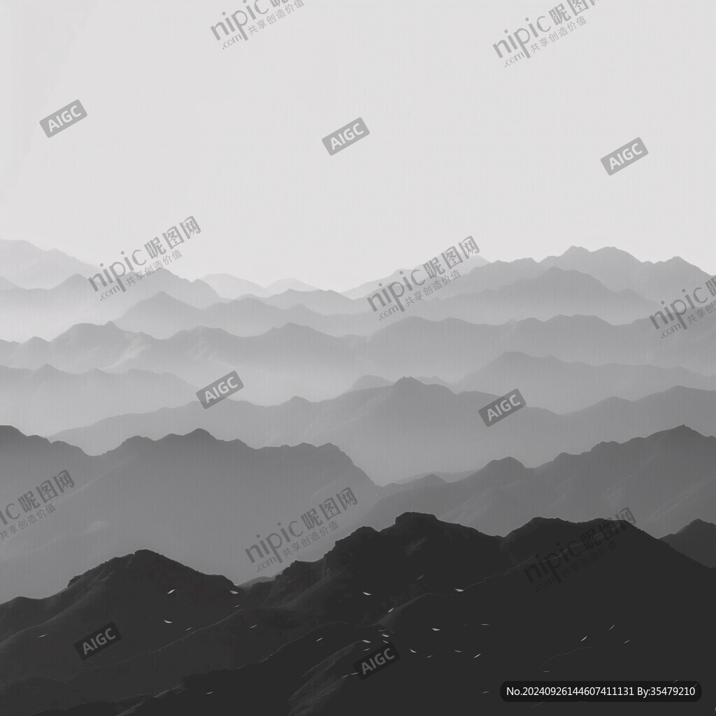 黑白抽象遠山山水畫