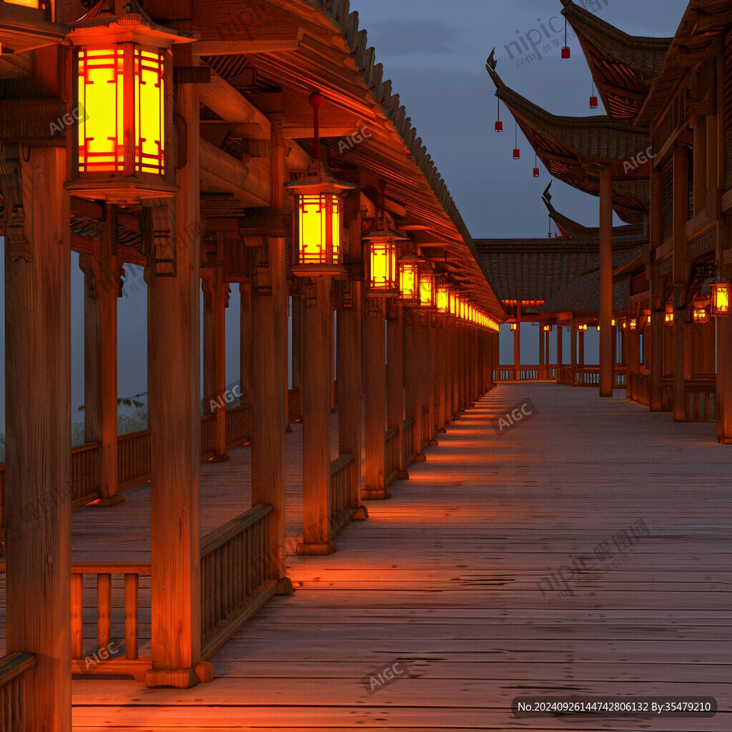 中式長廊夜景