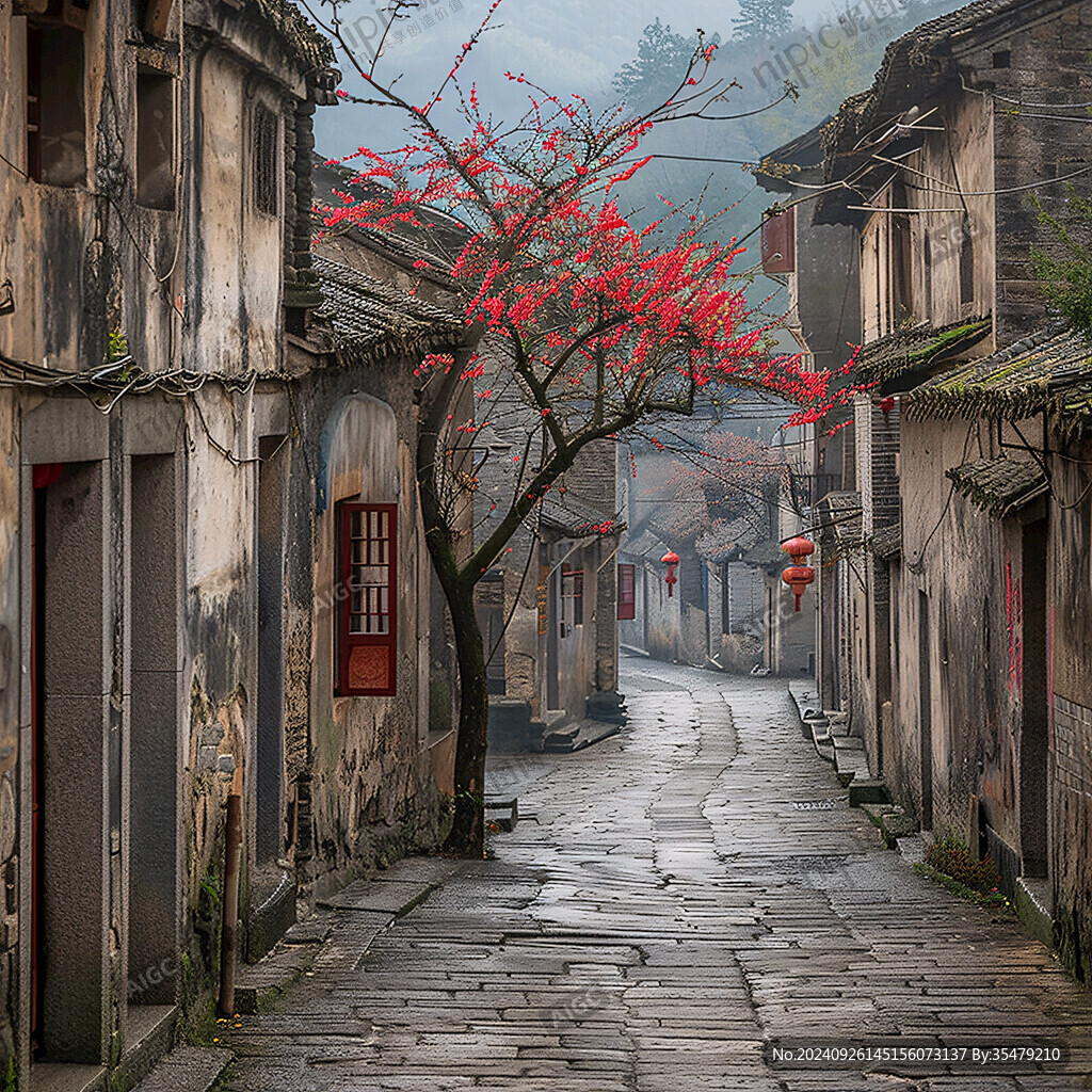 掛紅燈籠的古鎮(zhèn)老街