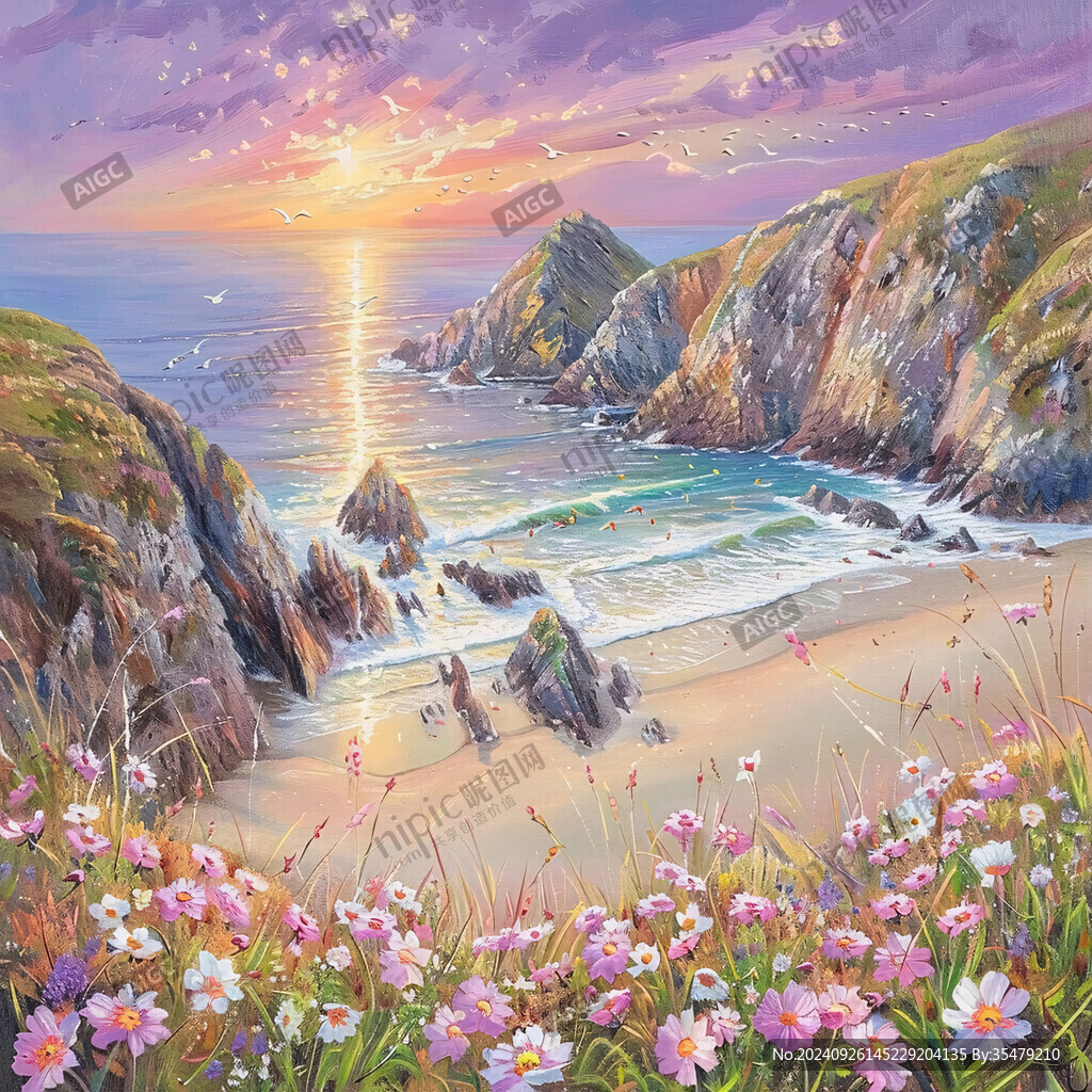 海邊日落油畫