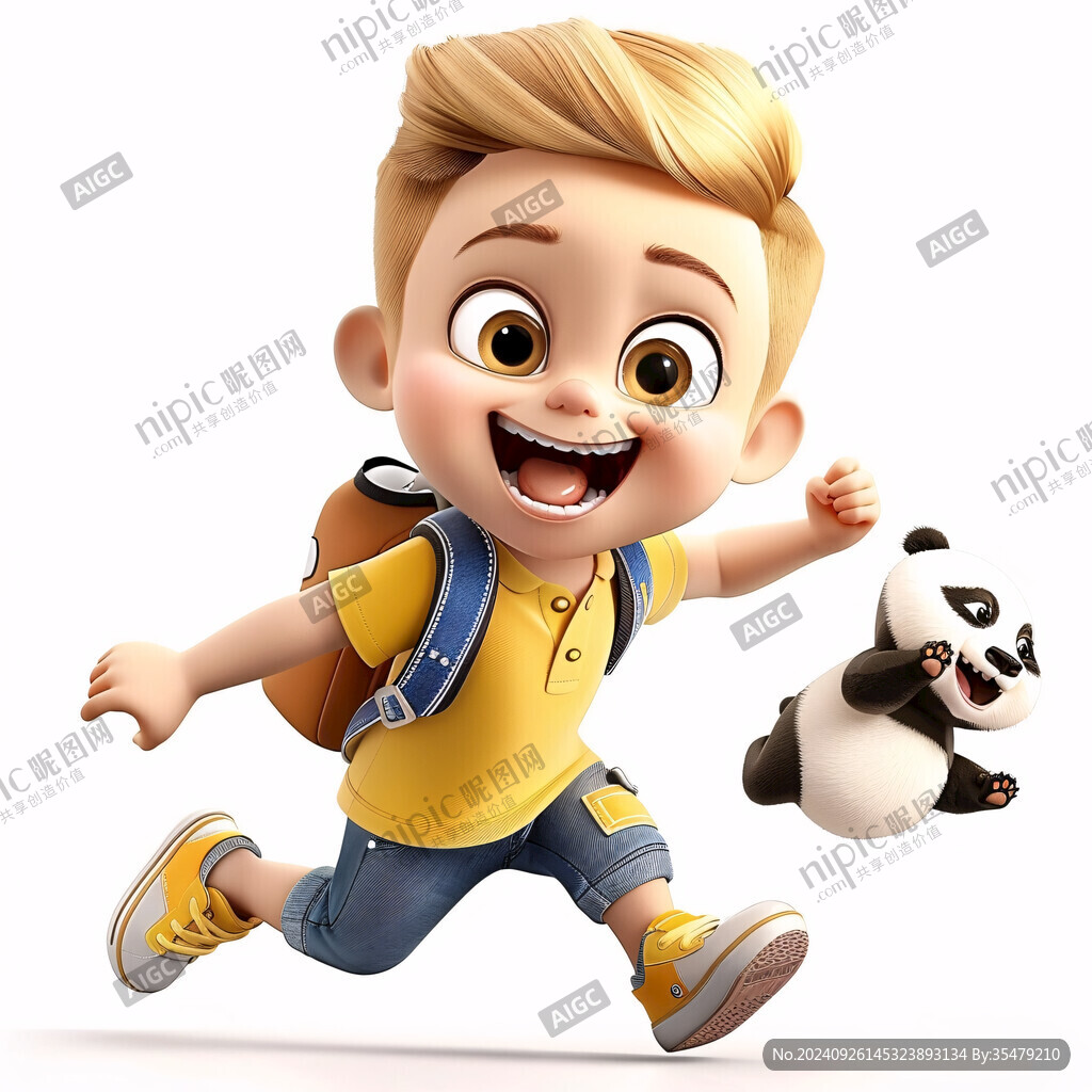 背著書包奔跑的小男孩