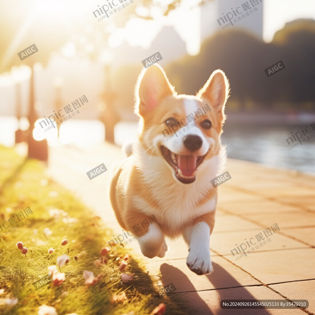 夕陽下奔跑的柯基犬