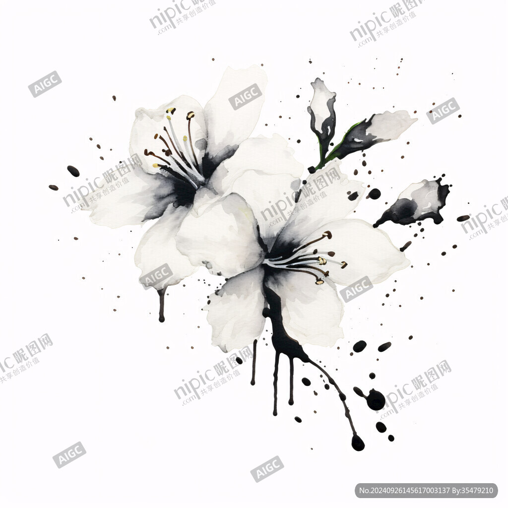 黑白花卉 水彩畫