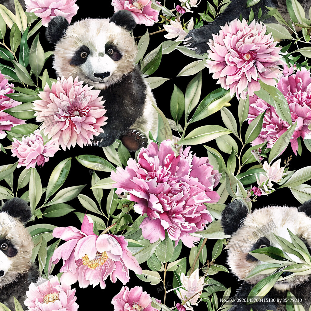黑夜里的熊貓與牡丹