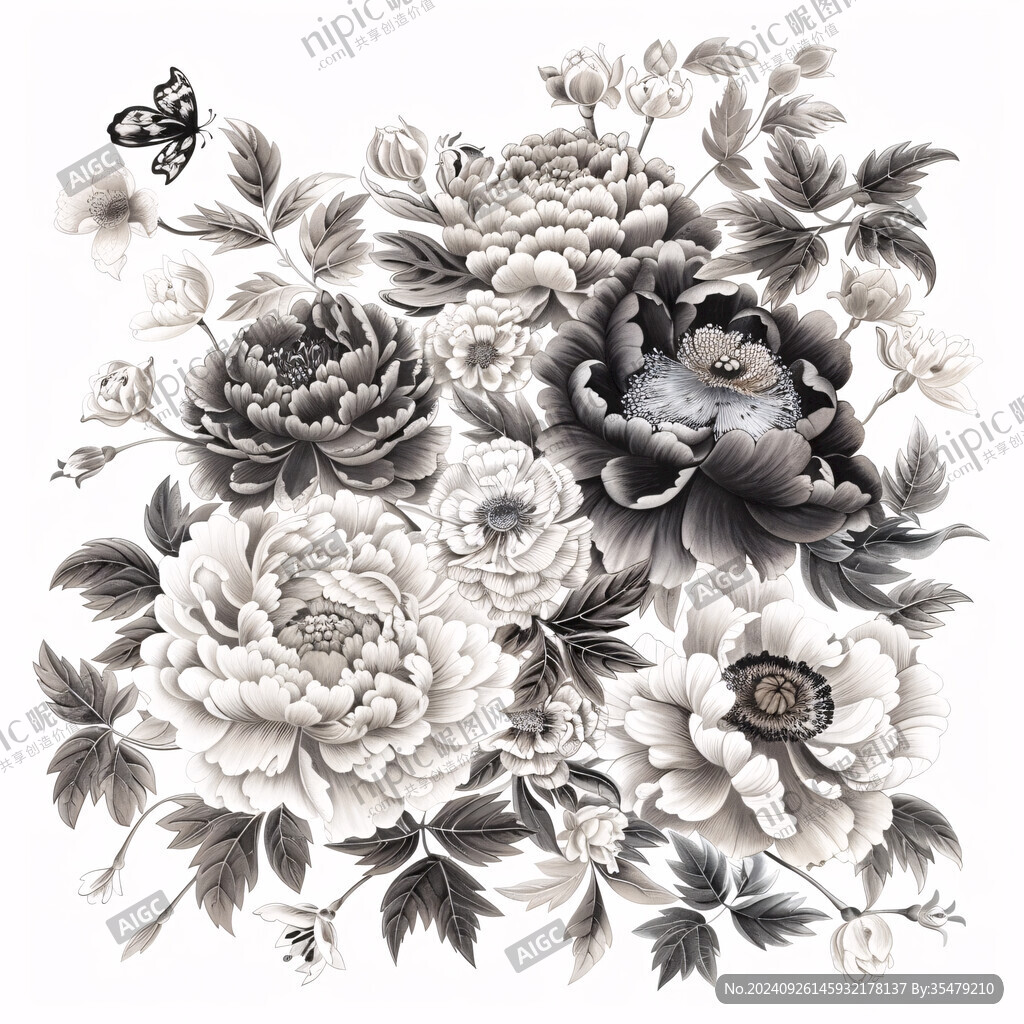 黑白牡丹花卉圖
