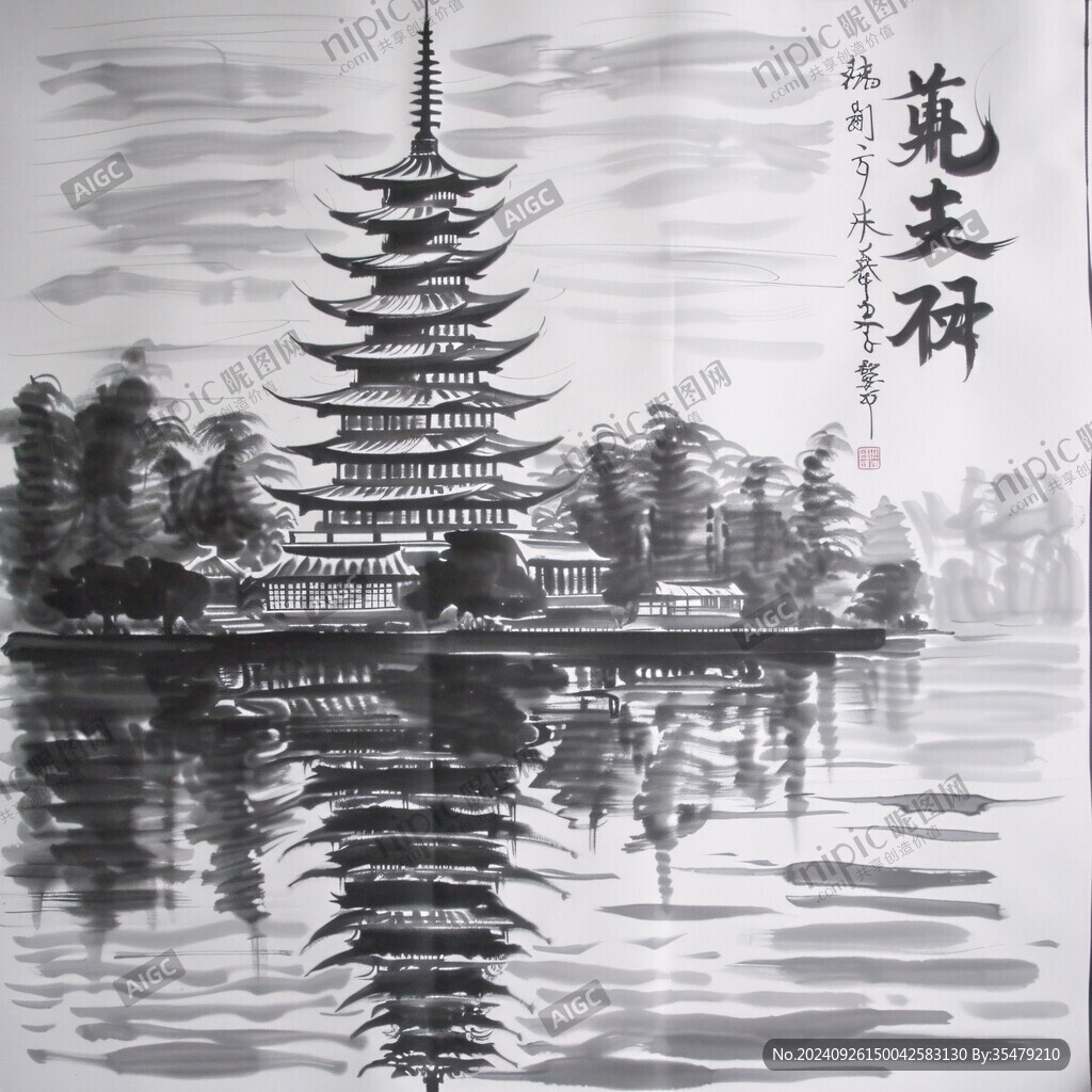 水墨畫 禪意塔影