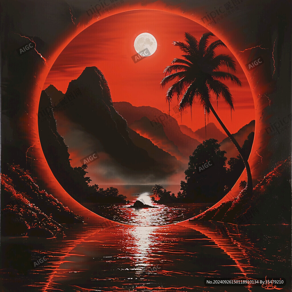 血月下的椰林海灘