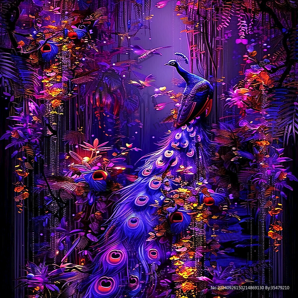 夢幻紫藤花叢中的孔雀