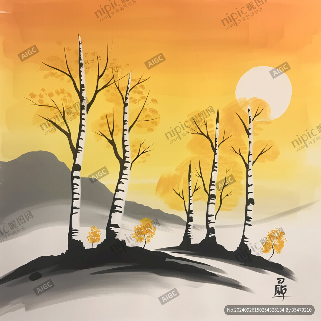 夕陽(yáng)下的白樺林