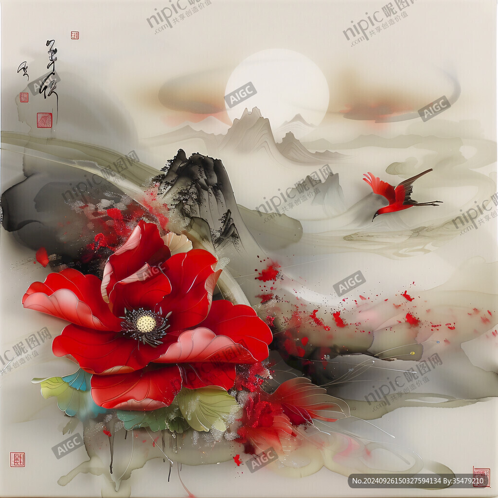紅花映月 靜謐山色
