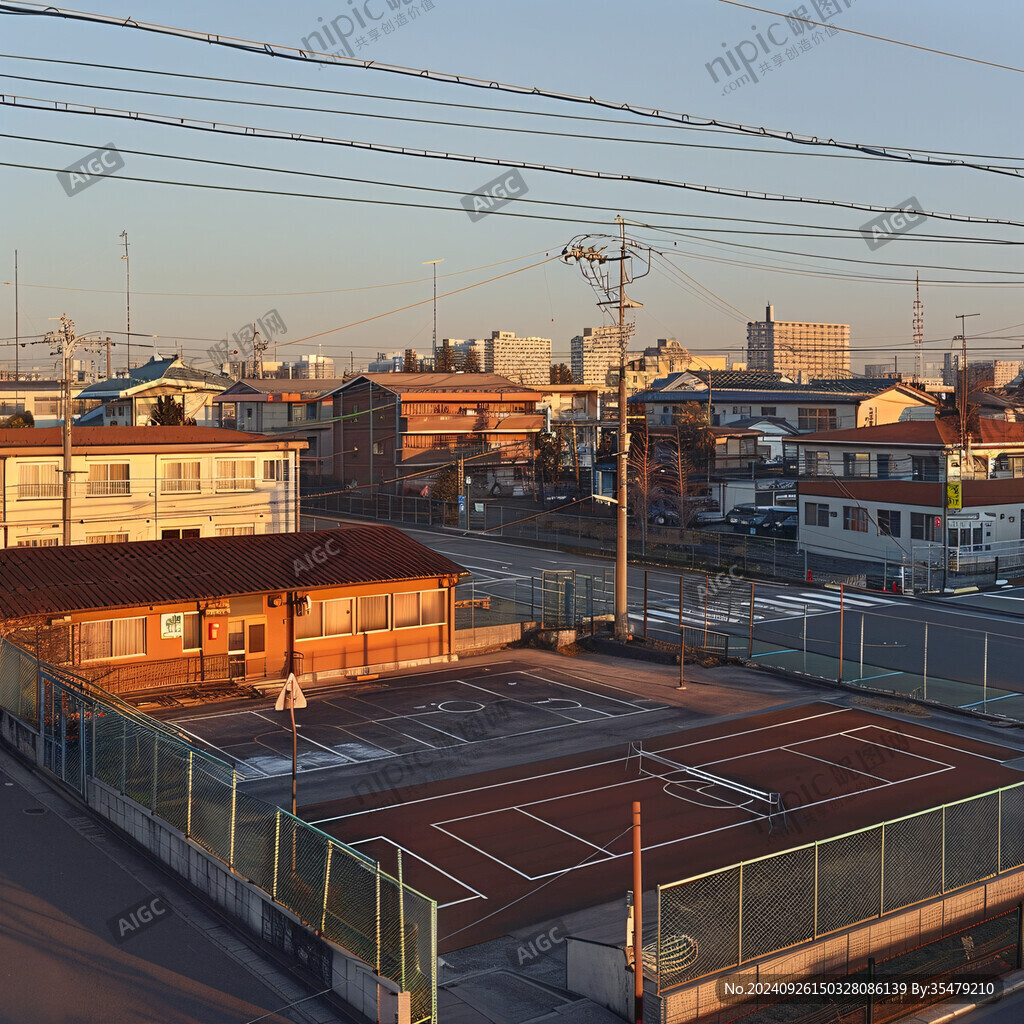 夕陽下的社區(qū)籃球場