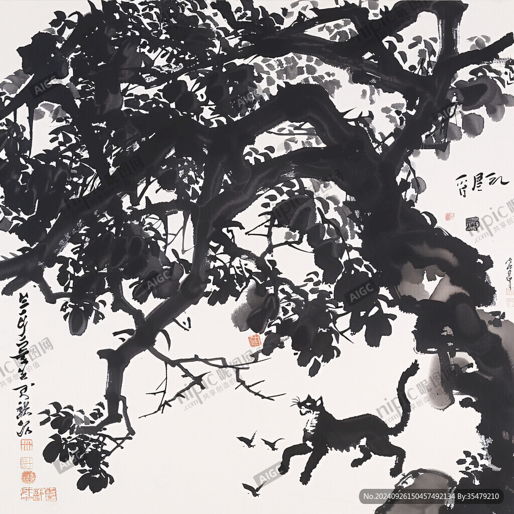 水墨貓躍枝頭