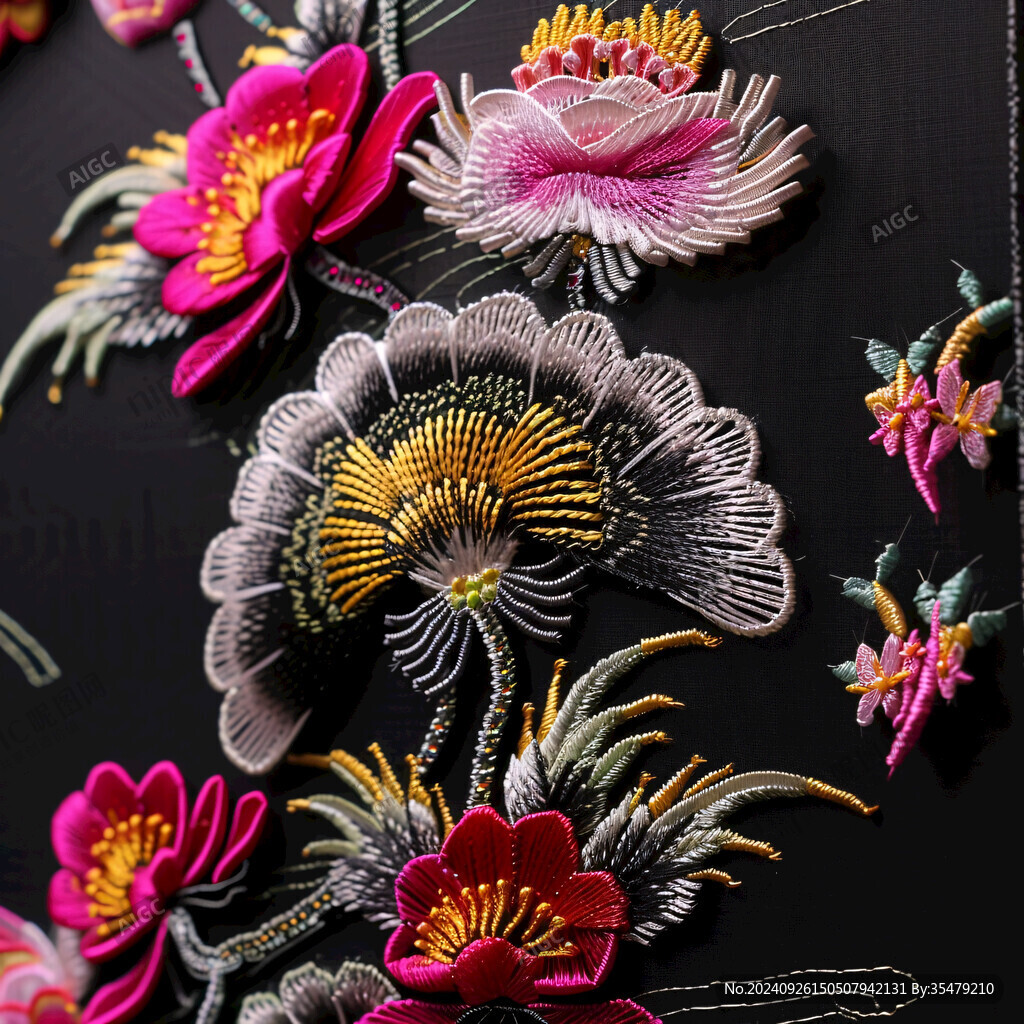 黑底刺繡花卉圖