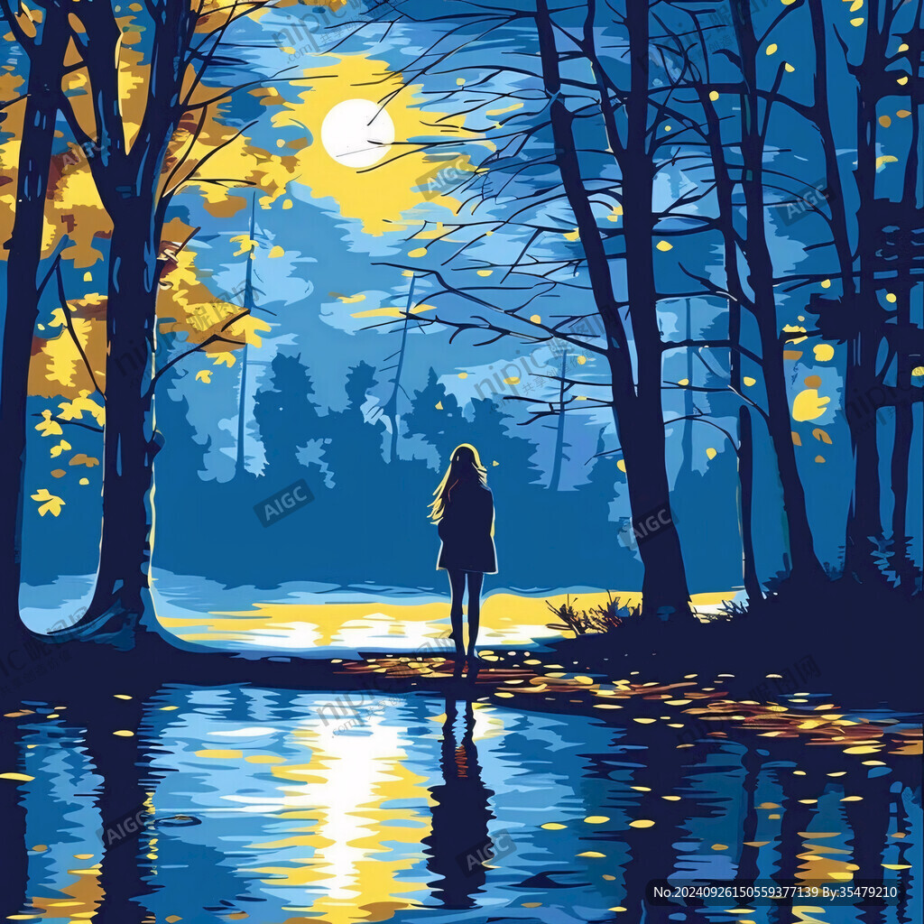 月夜湖畔 靜謐少女