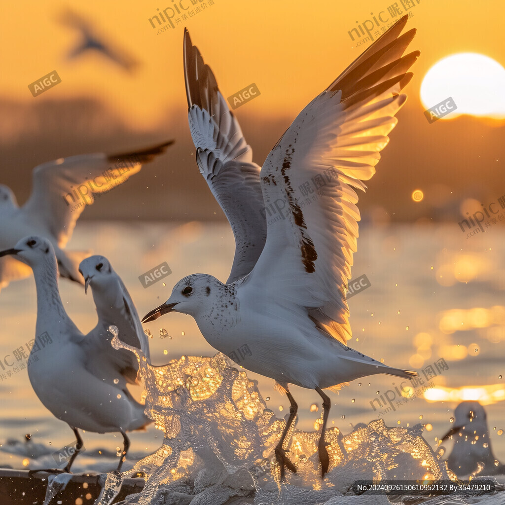 夕陽余暉 海鷗翱翔