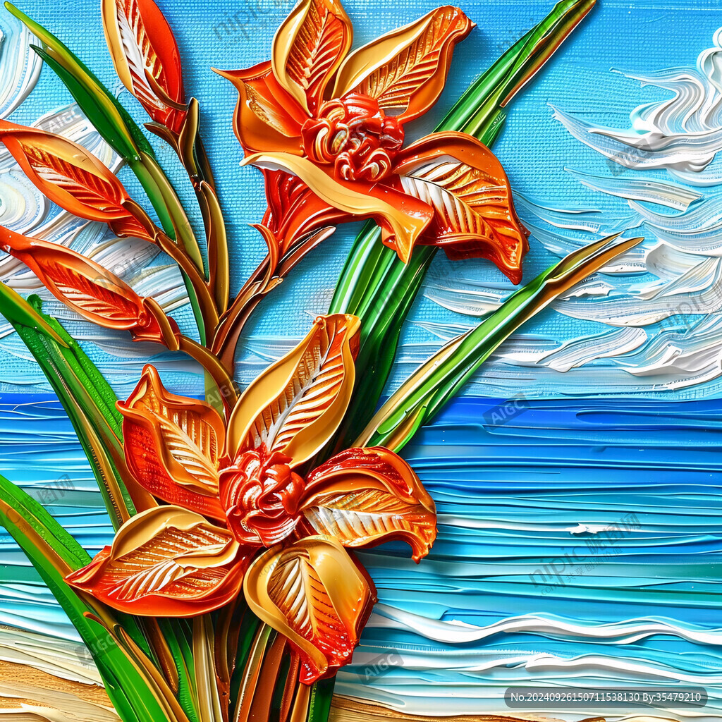海邊盛開的橙色花朵