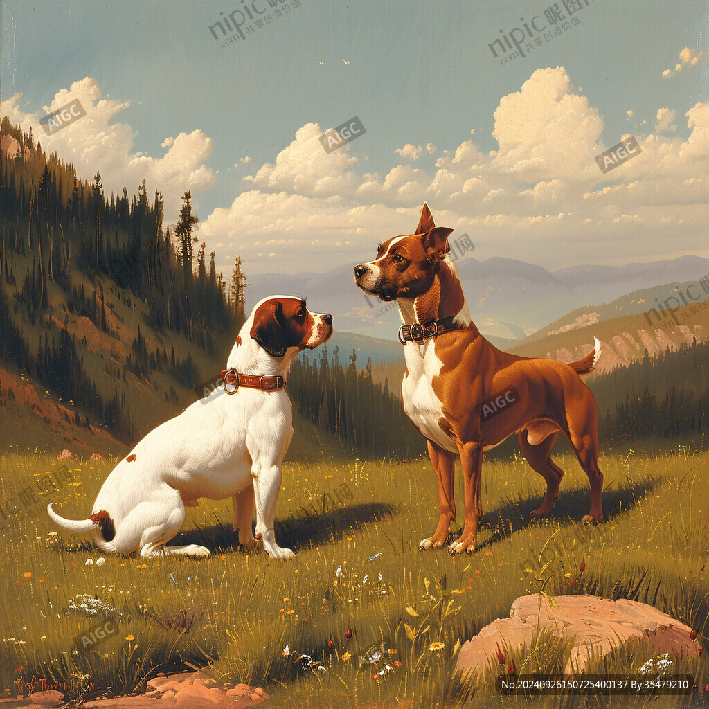兩犬對視 山野風光
