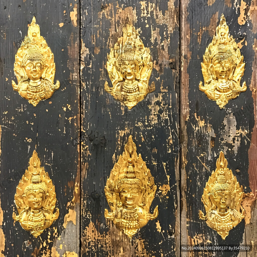 古樸木門上的金色雕刻