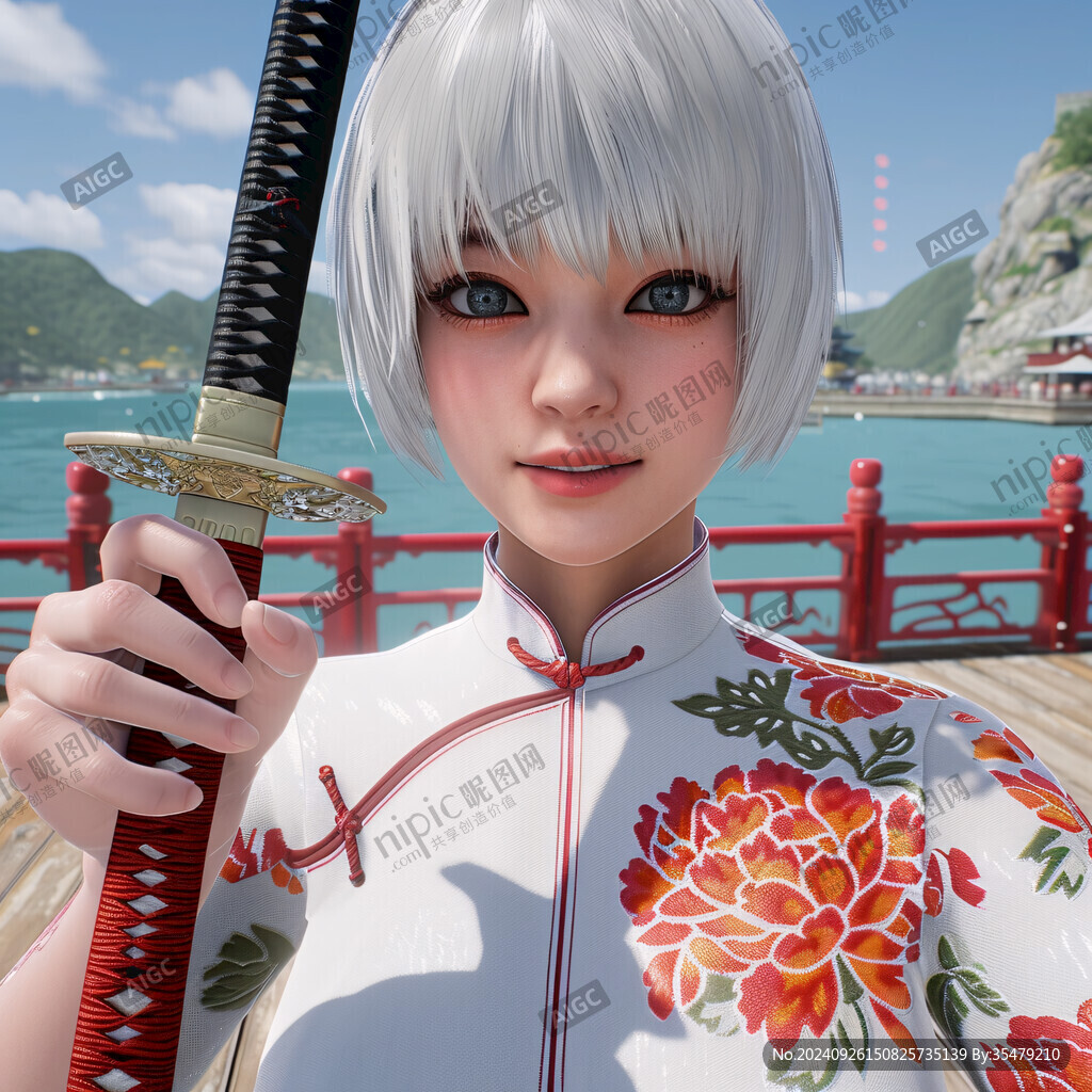 白衣少女持刀 海邊風景如畫