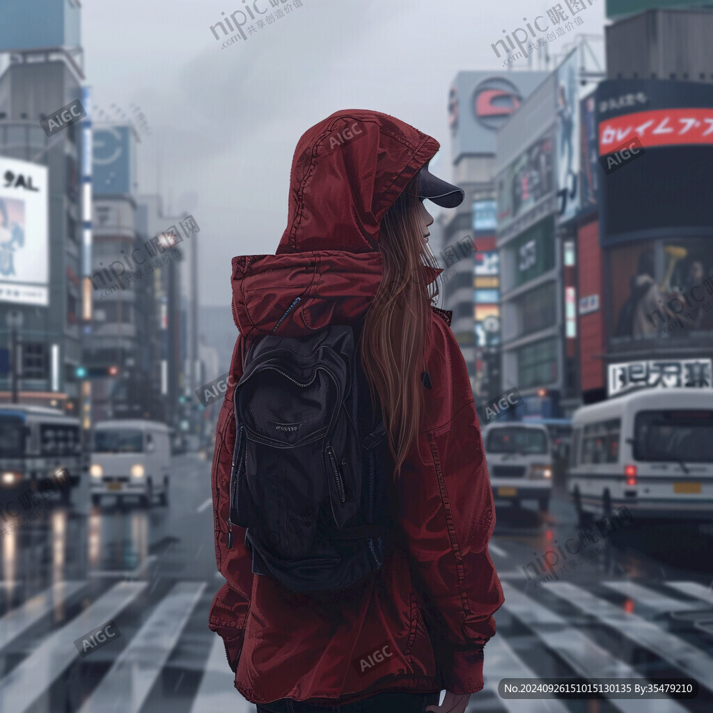 雨中都市的背影