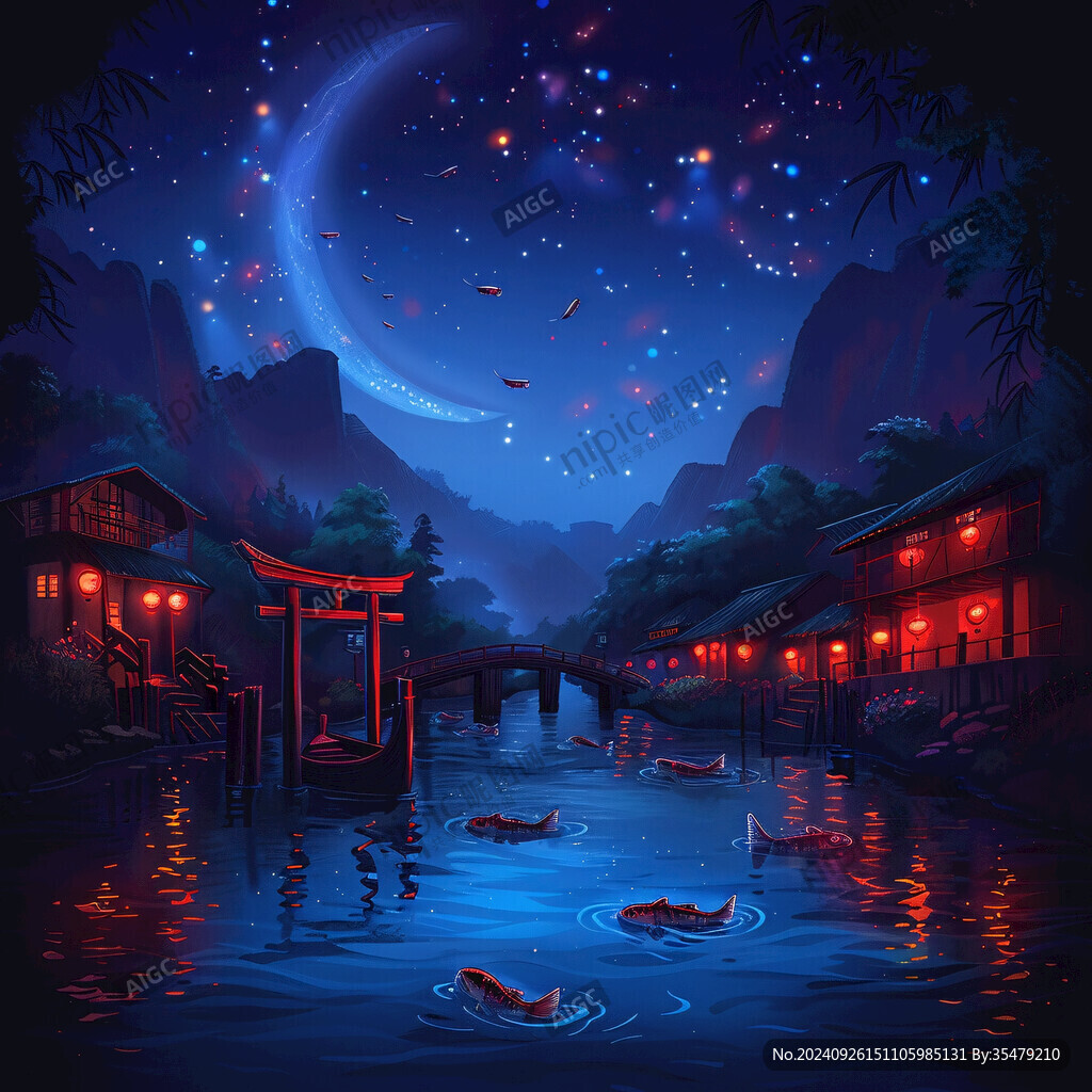 月夜古鎮(zhèn) 鯉魚戲水