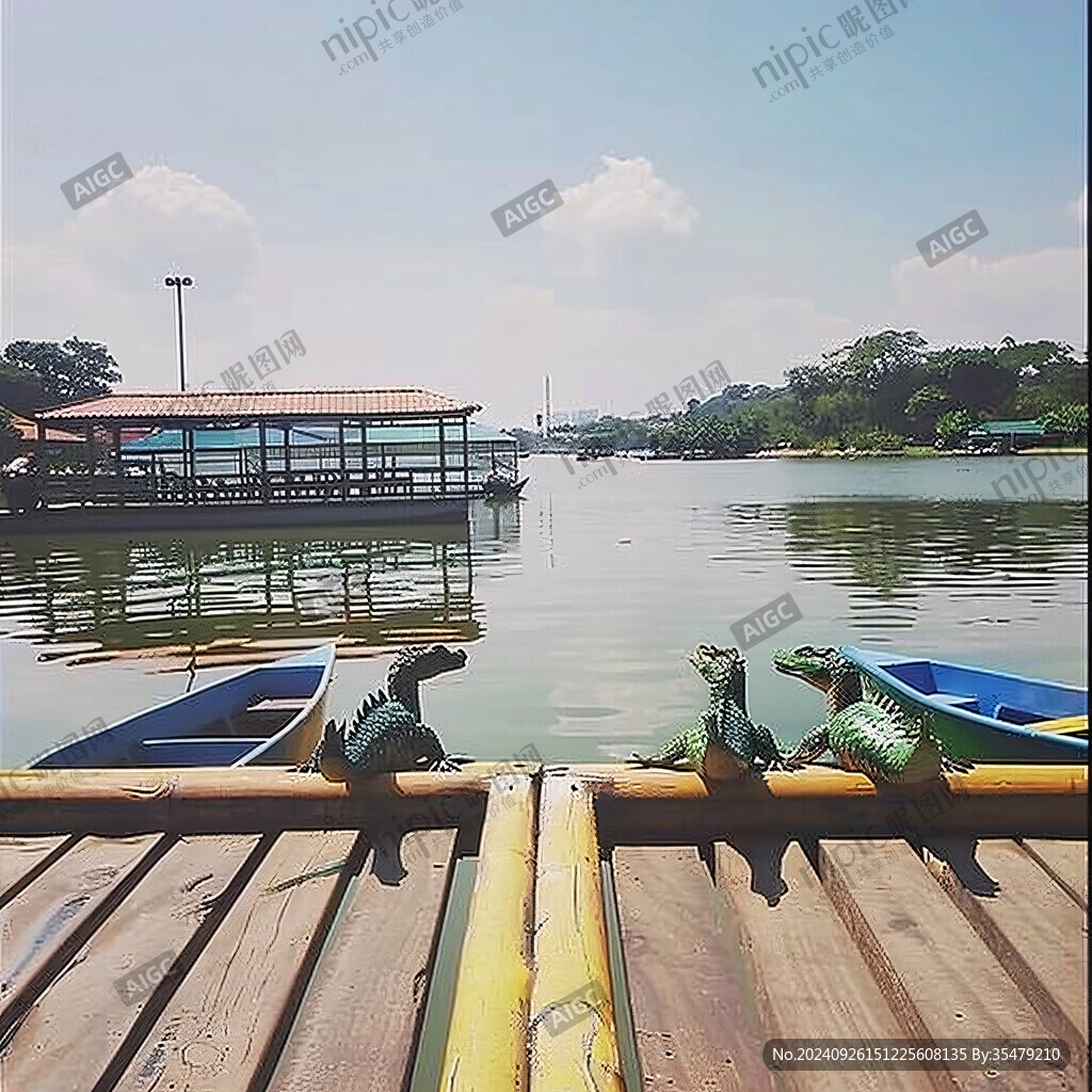湖邊木棧道 萌寵相伴