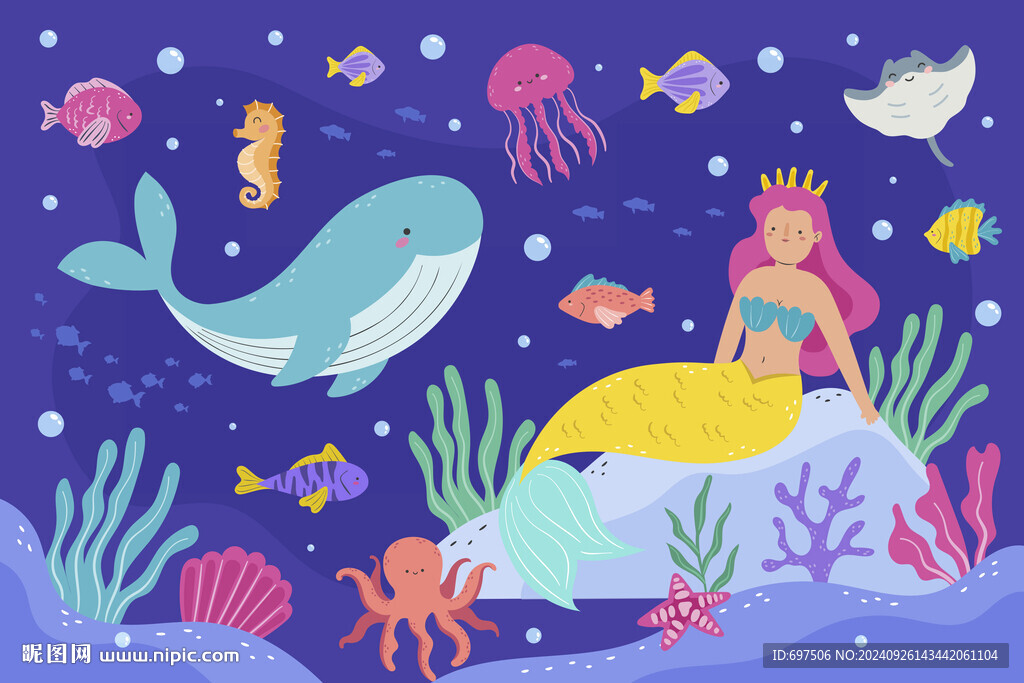 卡通鯨魚可愛美人魚公主海底背景