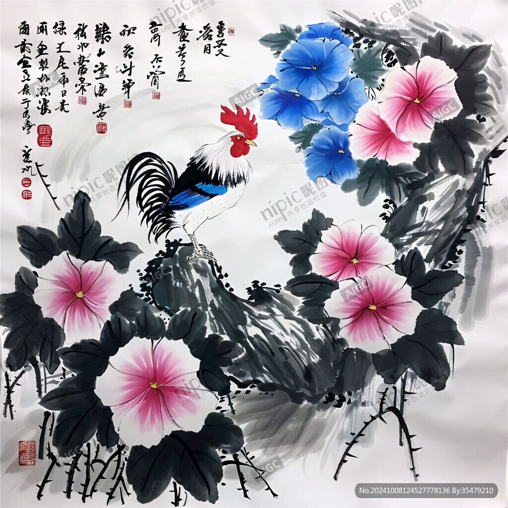 國畫公雞牡丹