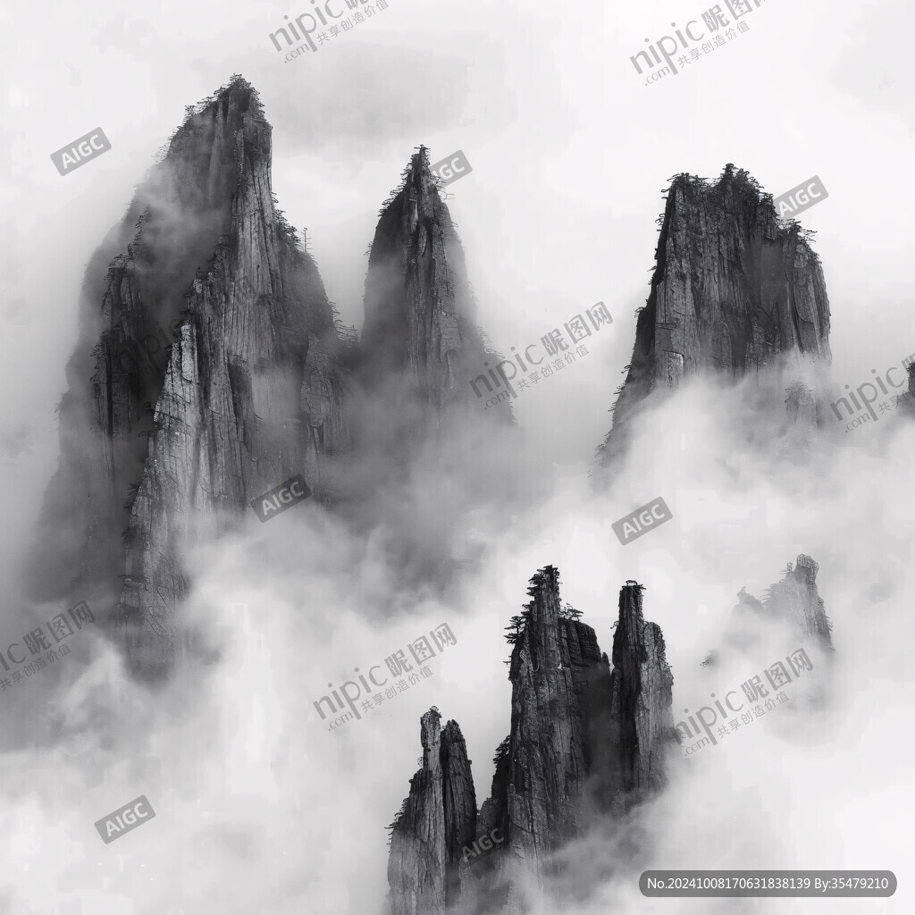 墨韻禪意山峰云霧意境