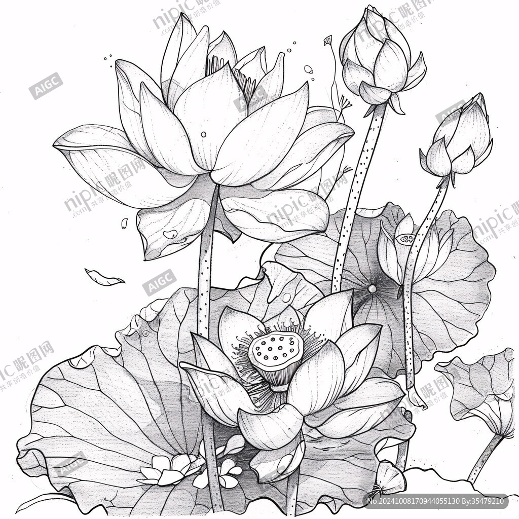 手繪黑白線描荷花