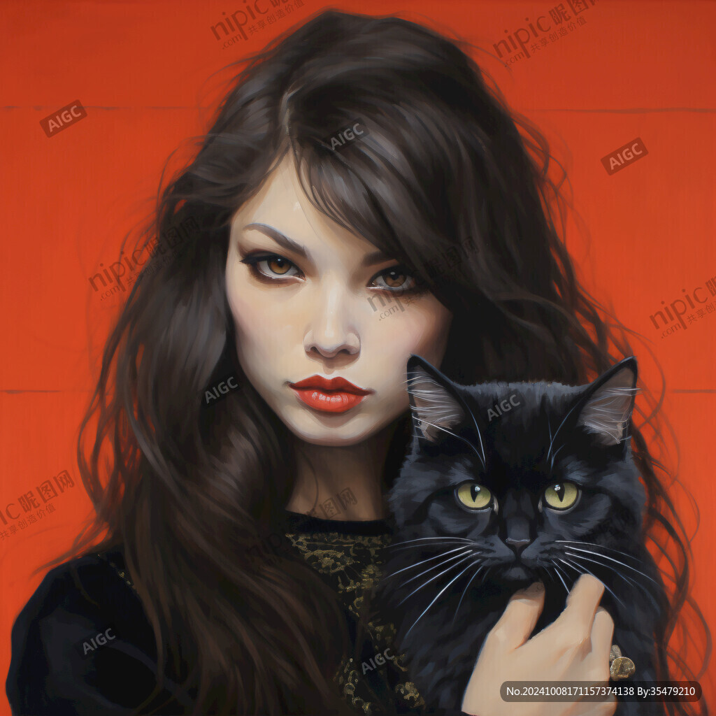 抱貓美女貓插畫