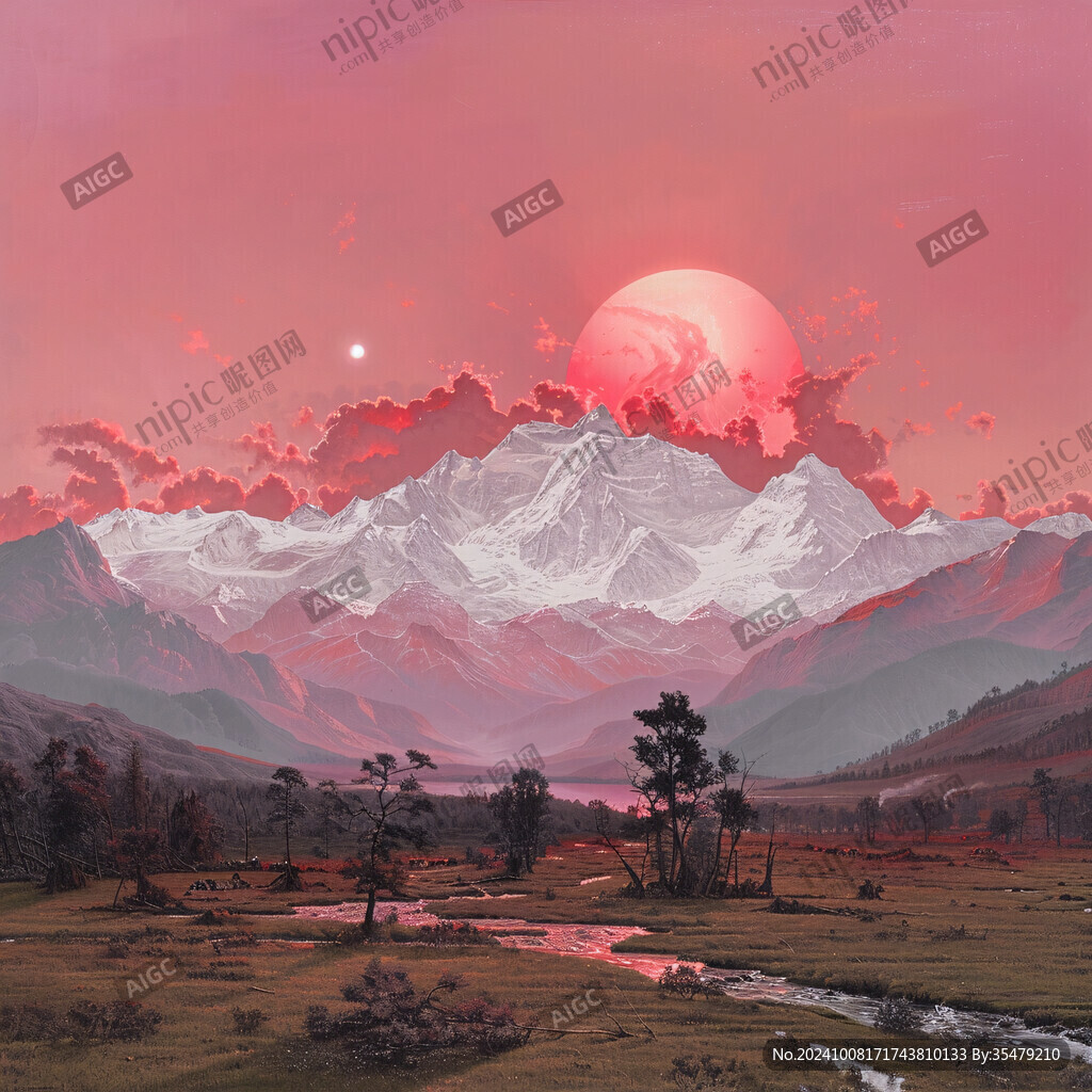 遠山朝霞油畫