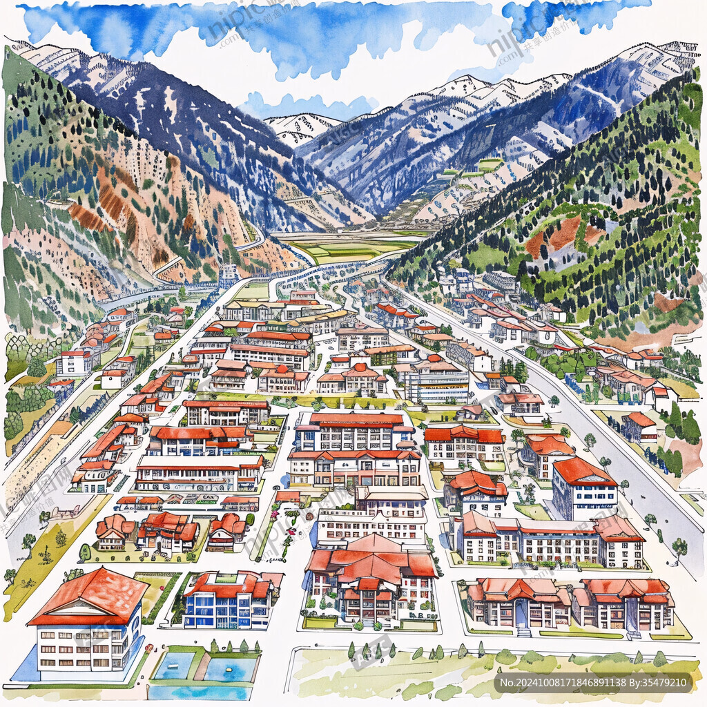 青藏地區城市建筑插畫