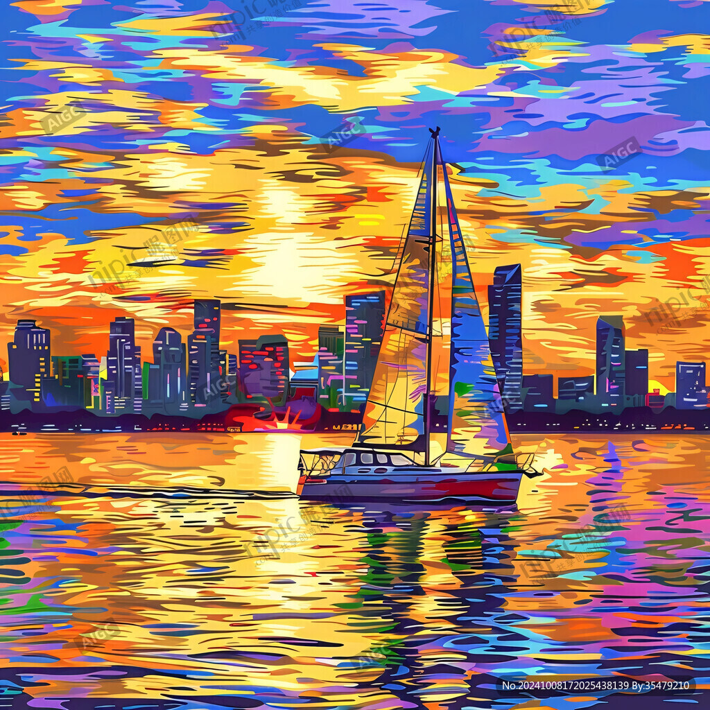 插畫城市夕陽