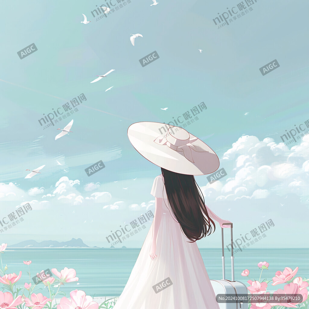 夏天看海美女背影插畫