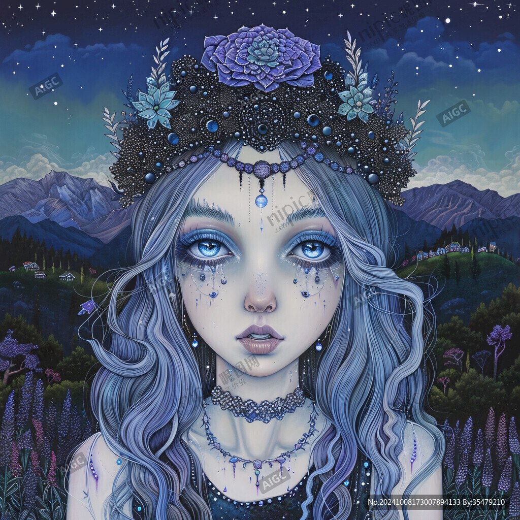 夜空下的藍發少女