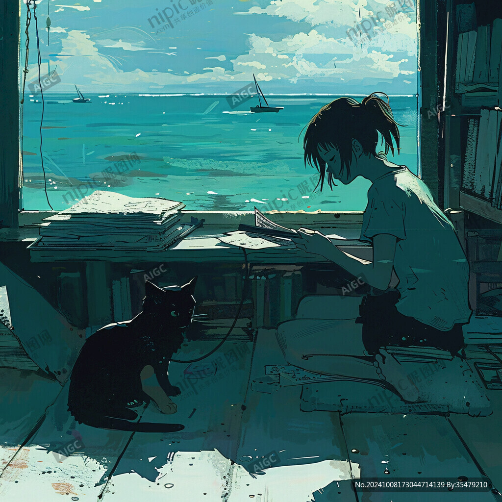 海邊小屋 女孩與貓