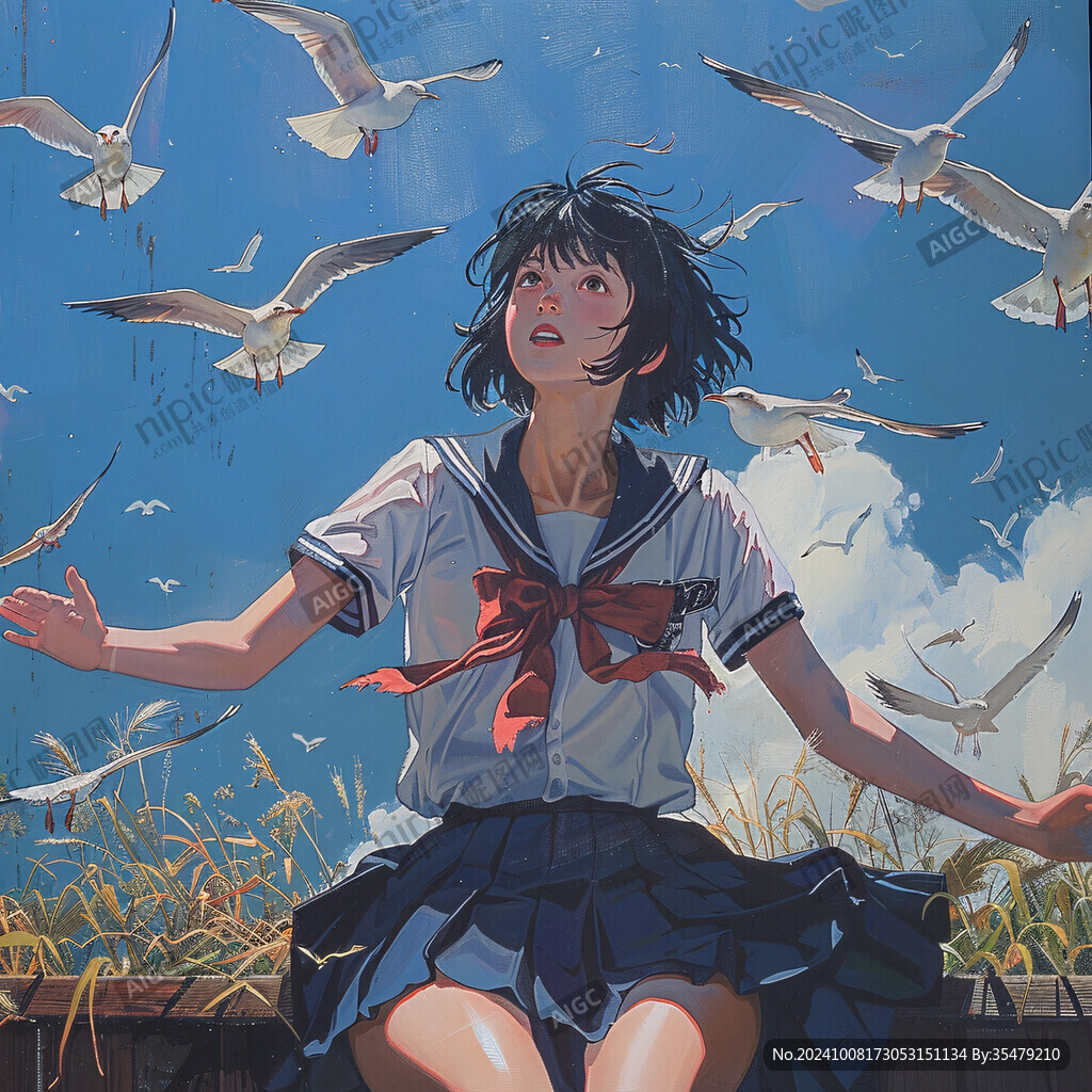 海鷗飛翔 少女仰望