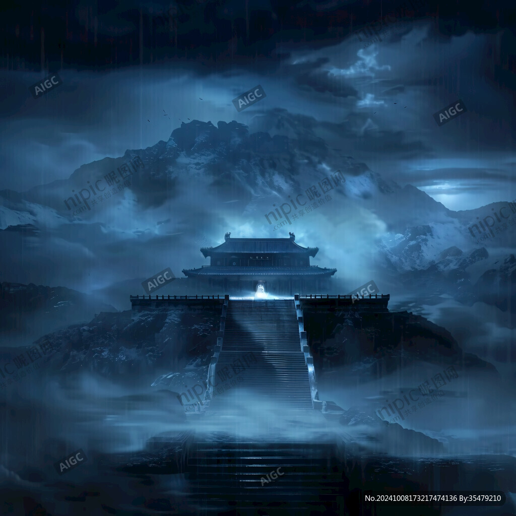 山間古剎 夜雨迷蒙