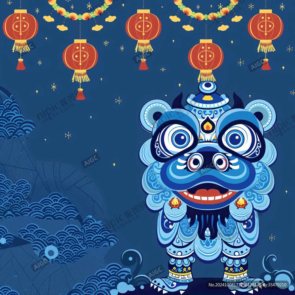 藍(lán)色祥瑞舞獅迎新年