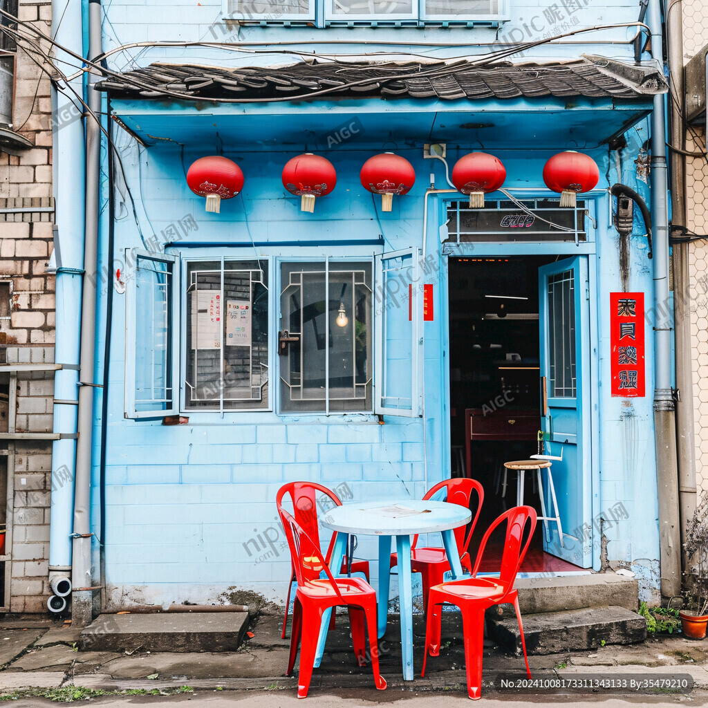 藍(lán)色小店 紅燈籠點(diǎn)綴
