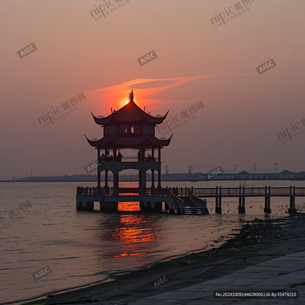 夕陽(yáng)余暉 亭臺(tái)映水