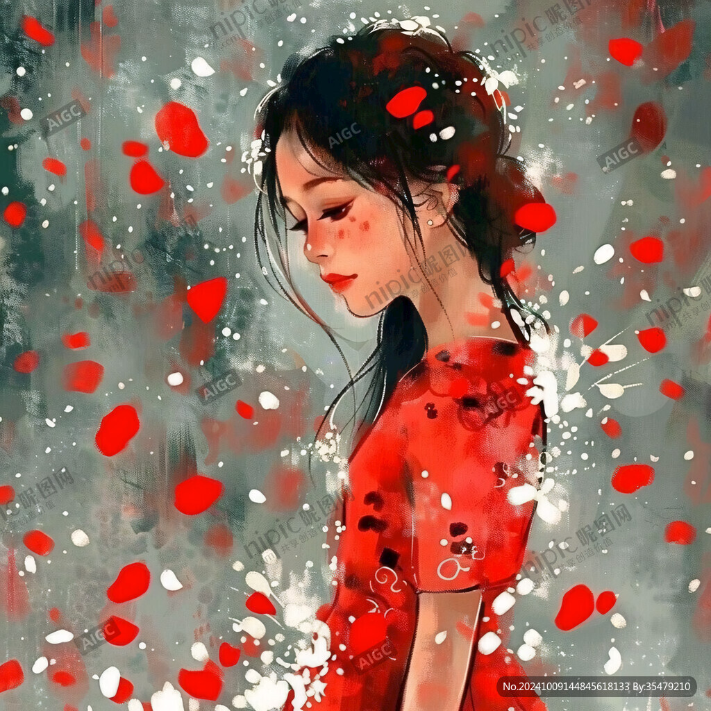 紅衣少女 花瓣飄落