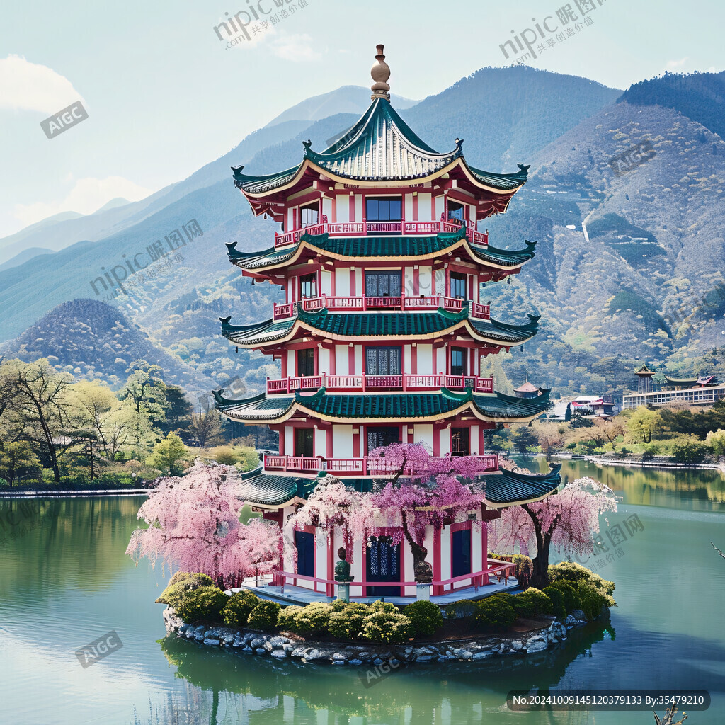 山間湖畔的粉紅塔