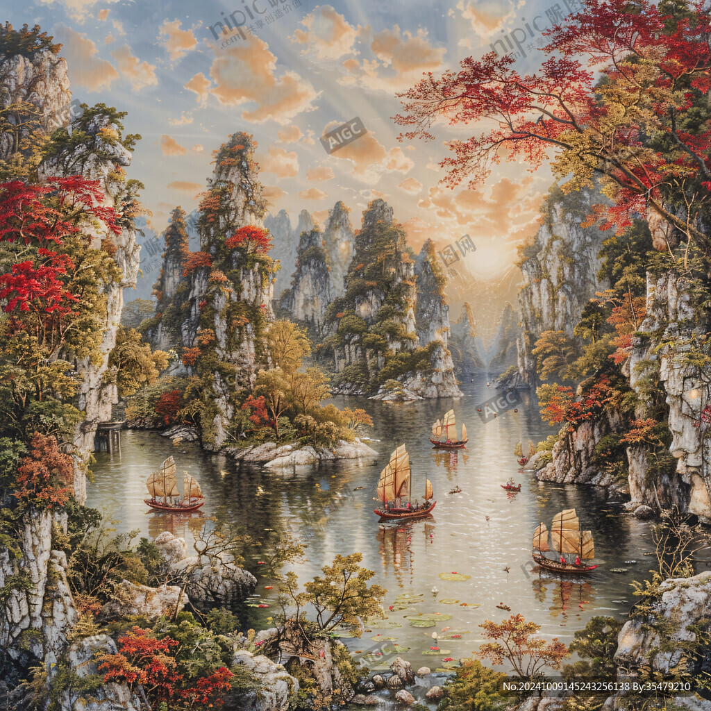 山水畫 帆船歸港