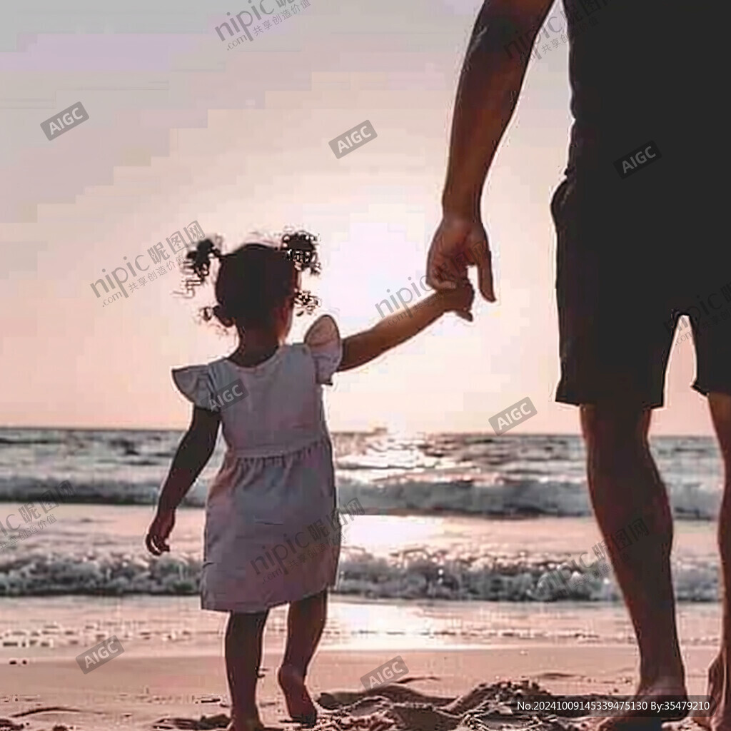 夕陽海邊 父女牽手