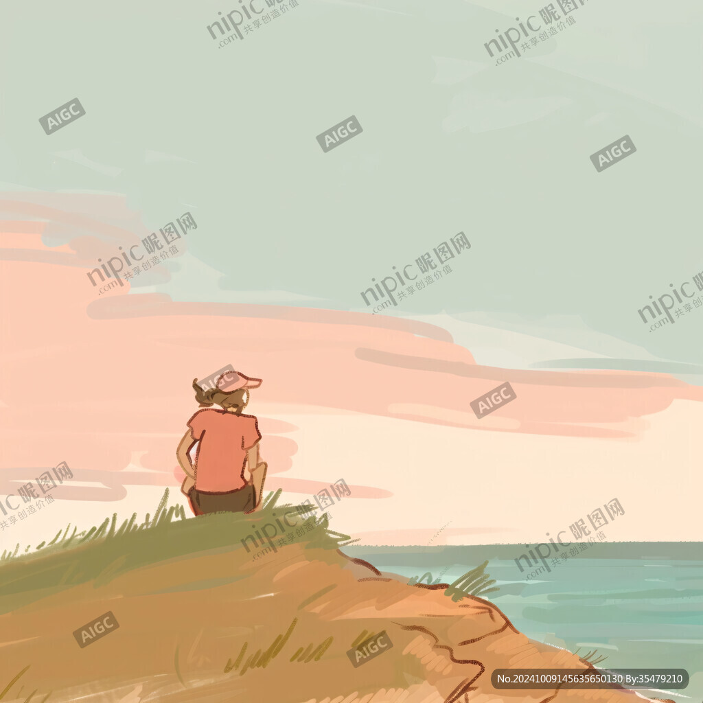 夕陽下的海岸線 靜靜沉思