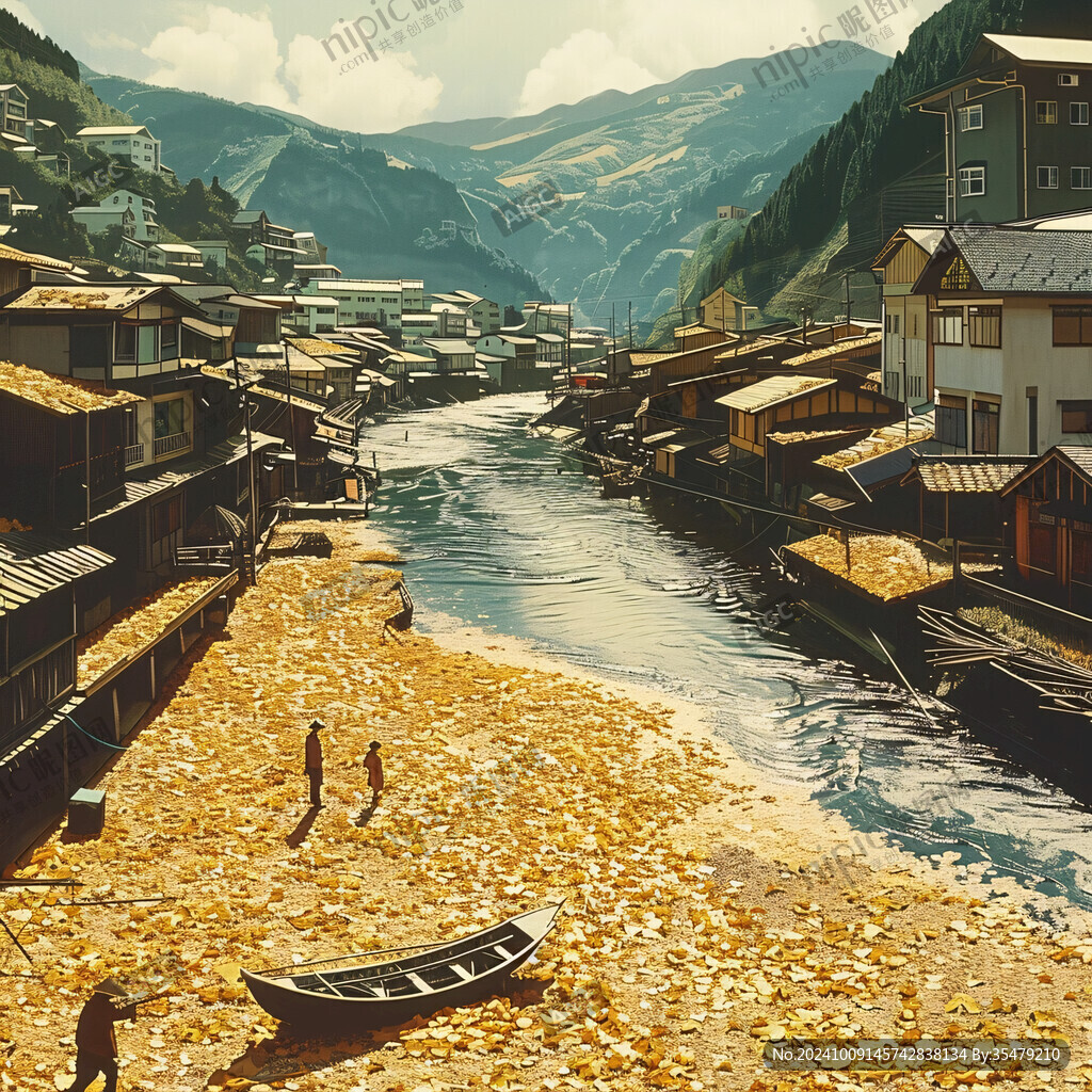 日本古鎮(zhèn)河畔秋景