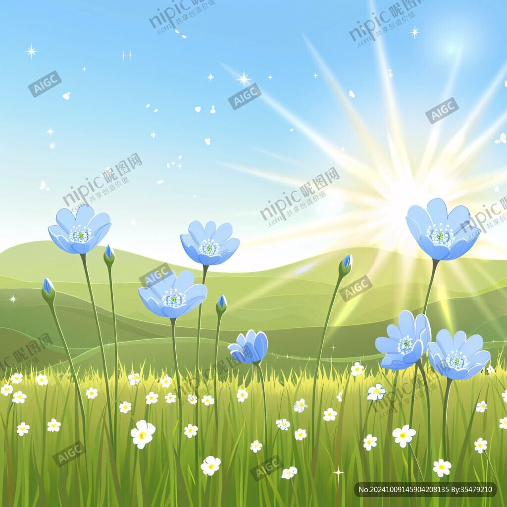 陽光下的藍色花田